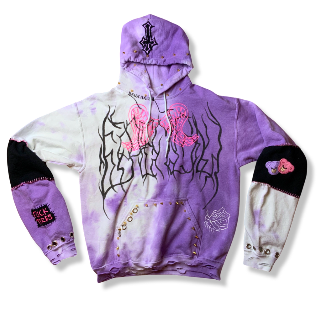 One of a Kind Hand Decorated DIY Punk Lilac Candy Hoodie