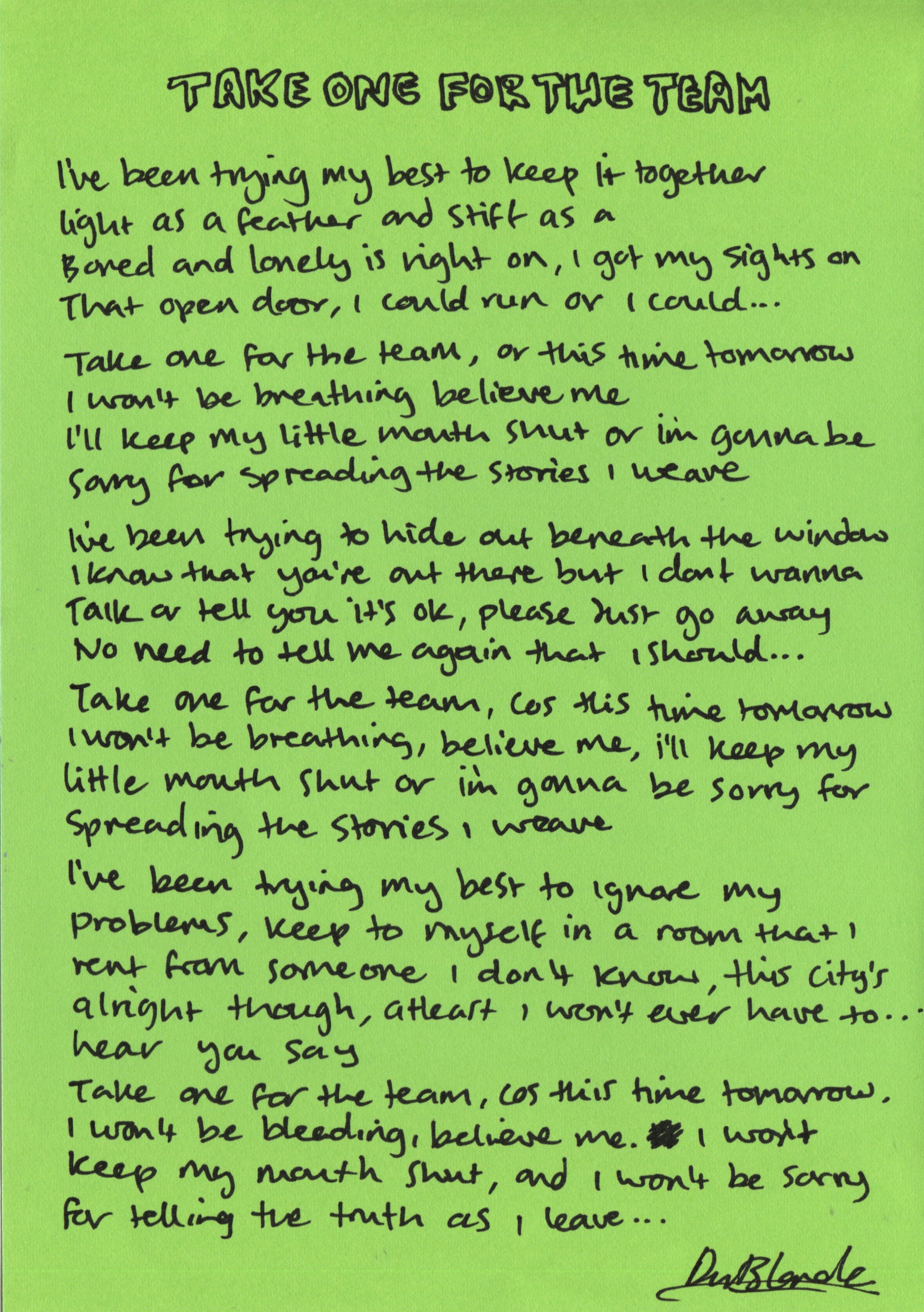 ‘Take one for the team' - Hand written lyrics