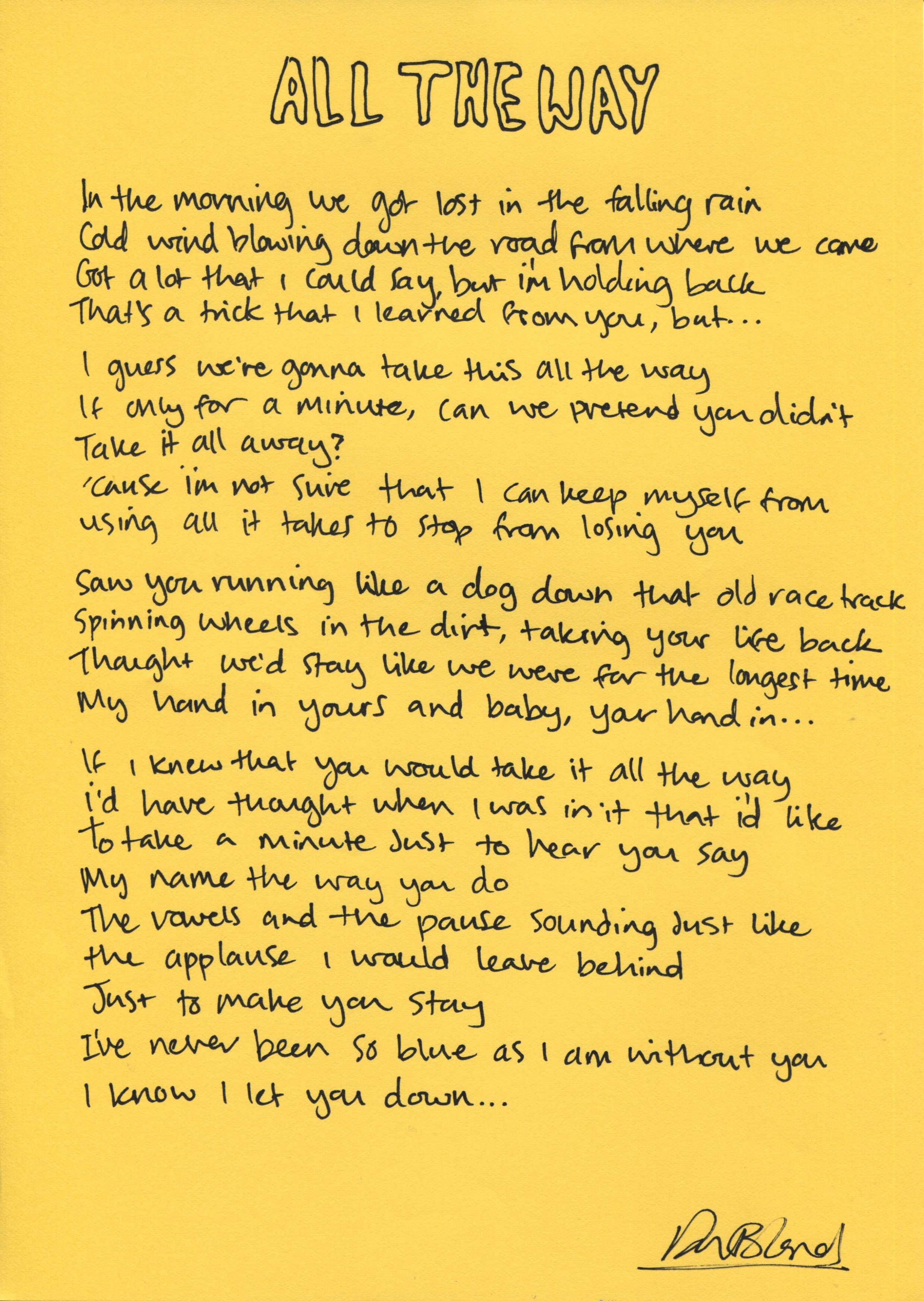 'All The Way' - Hand written lyrics