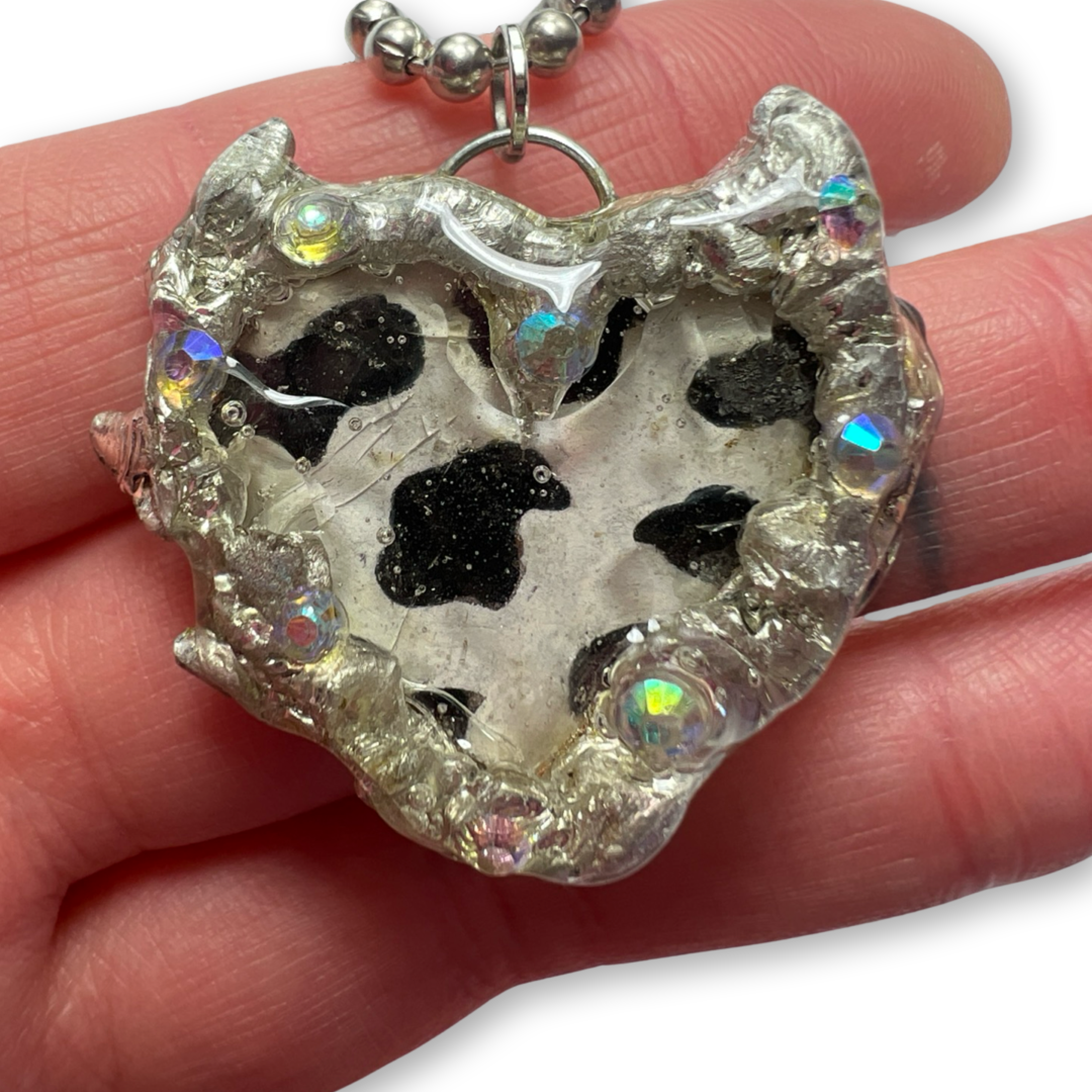 DIAMANTÉ COW PRINT DEMON HEART PENDANT