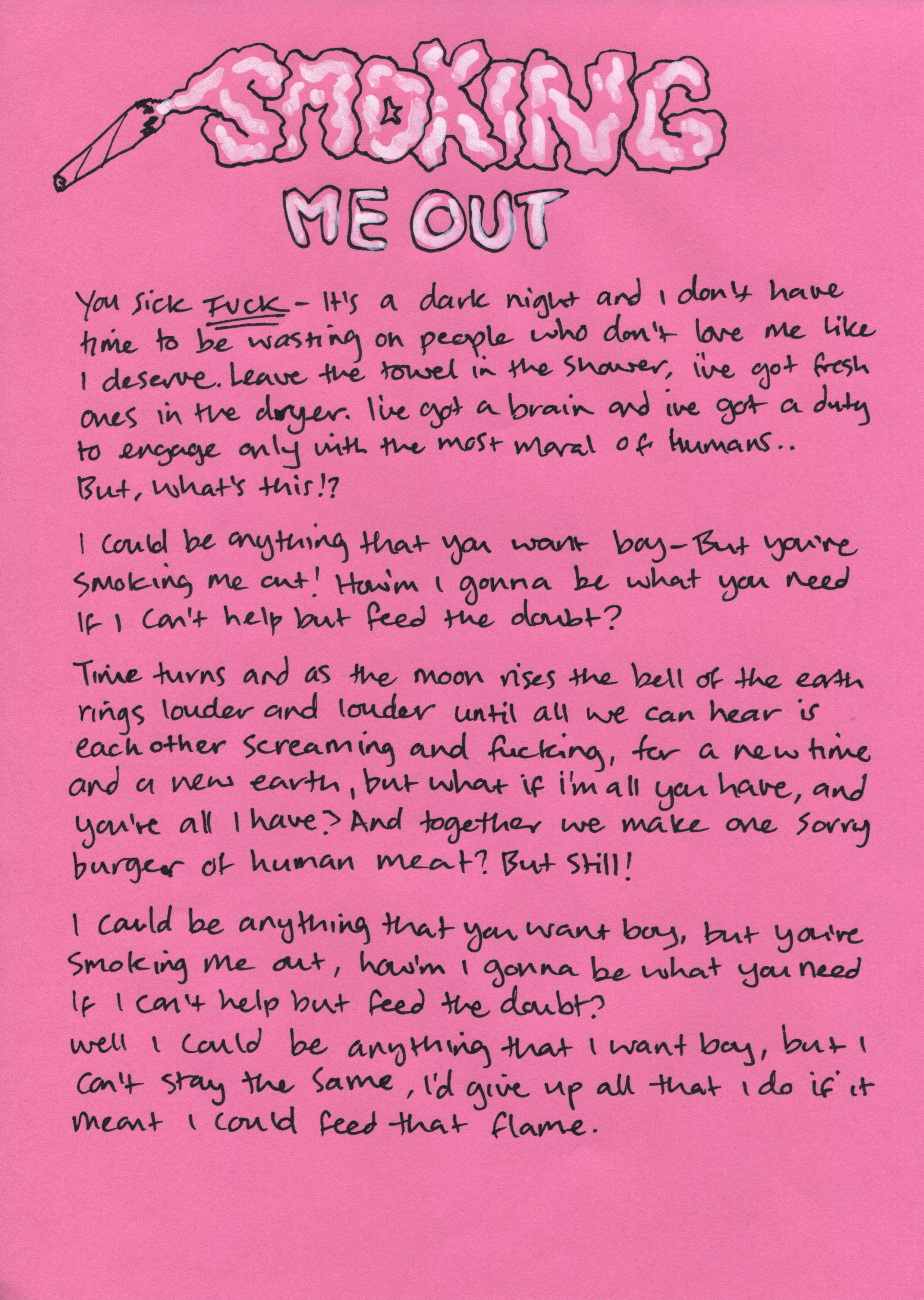 'Smoking Me Out' - Hand written lyrics and illustration X2