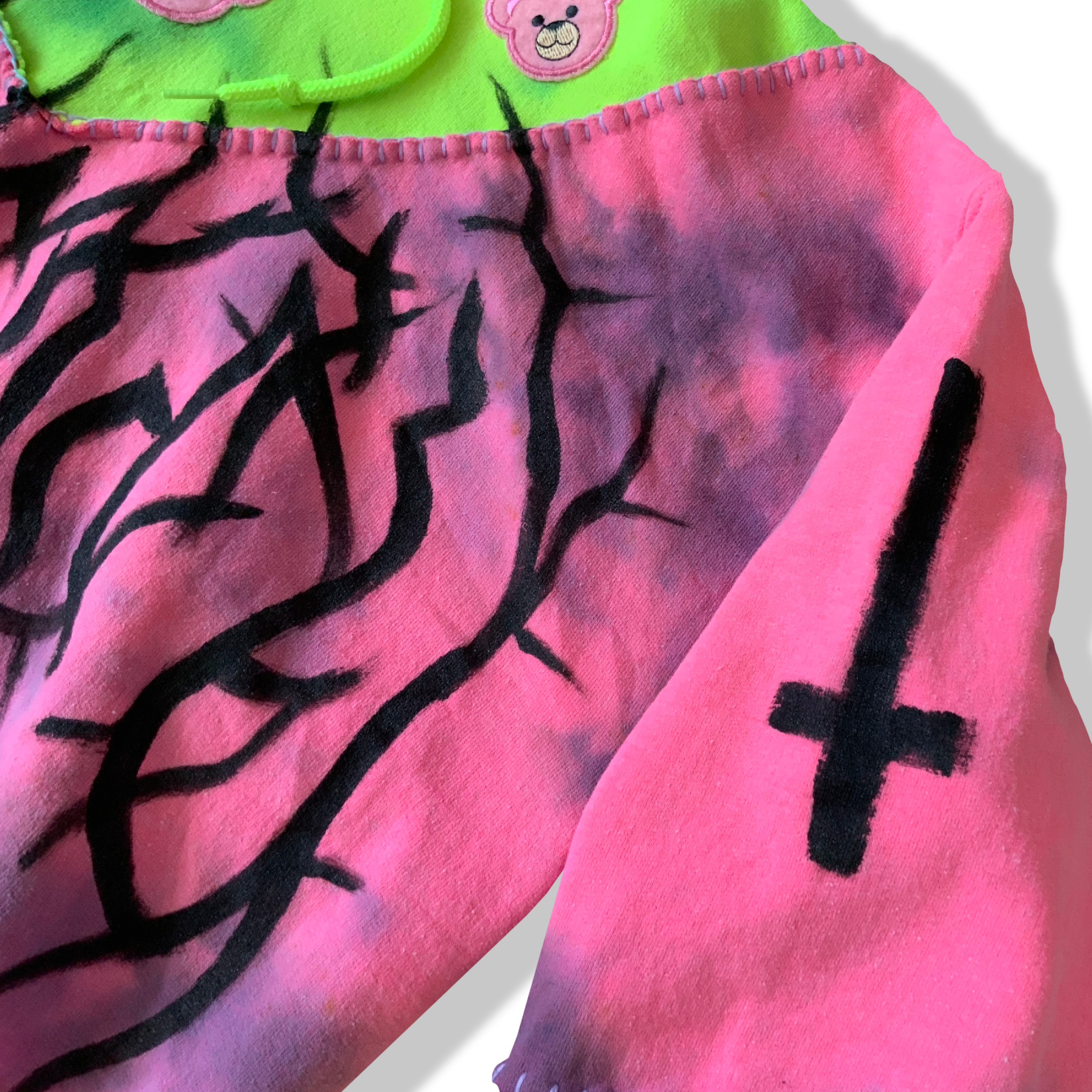 Hand Reworked Toxic Pink Green Tie Dye Metal Hoodie L DAEMON T.V
