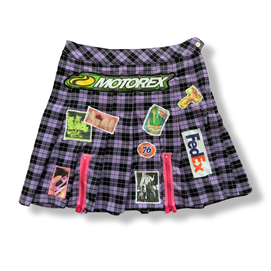 One of a kind Hand Reworked Motorex Patch Tartan Tennis Skirt