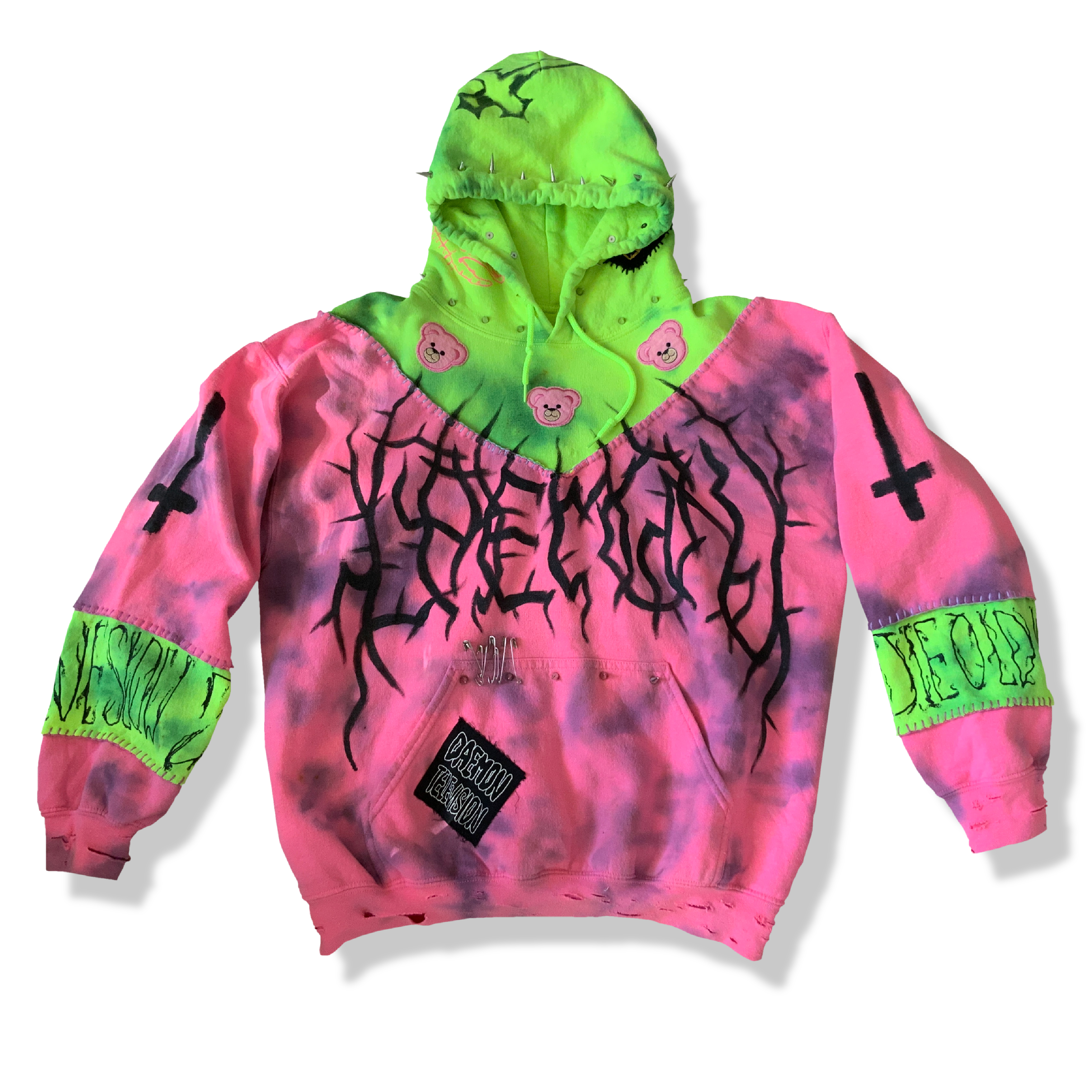 Hand Reworked Toxic Pink Green Tie Dye Metal Hoodie